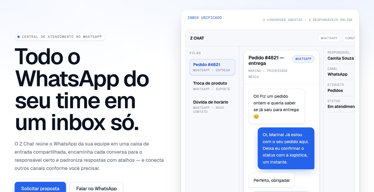 Inbox unificado do Z Chat, com filas e responsáveis